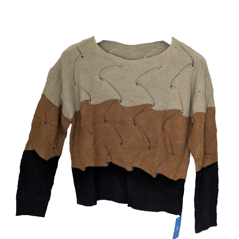 Womens Striped Swirl Texture Drop Sleeve Small Beige Brown Black Light Sweater